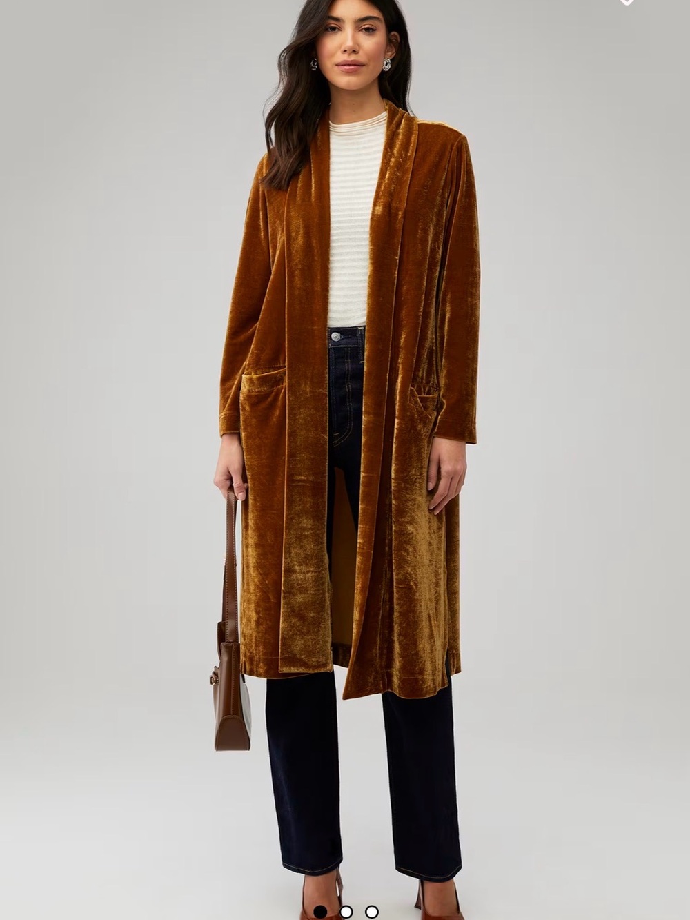 BB Dakota Just Vibes Long Velvet Duster Coat in Rich Caramel